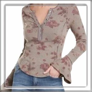 FREE PEOPLE Layer Me Henley Ribbed Long Sleeve Top Gray Floral Size Small